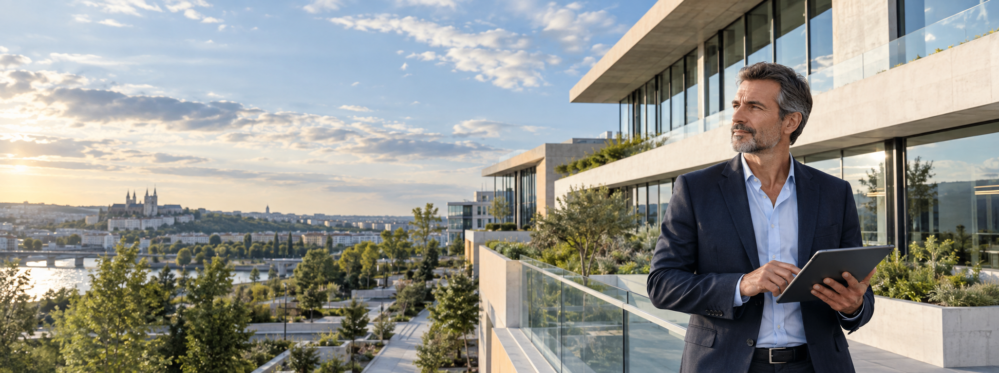 Expert en construction observant un bâtiment contemporain avec une tablette